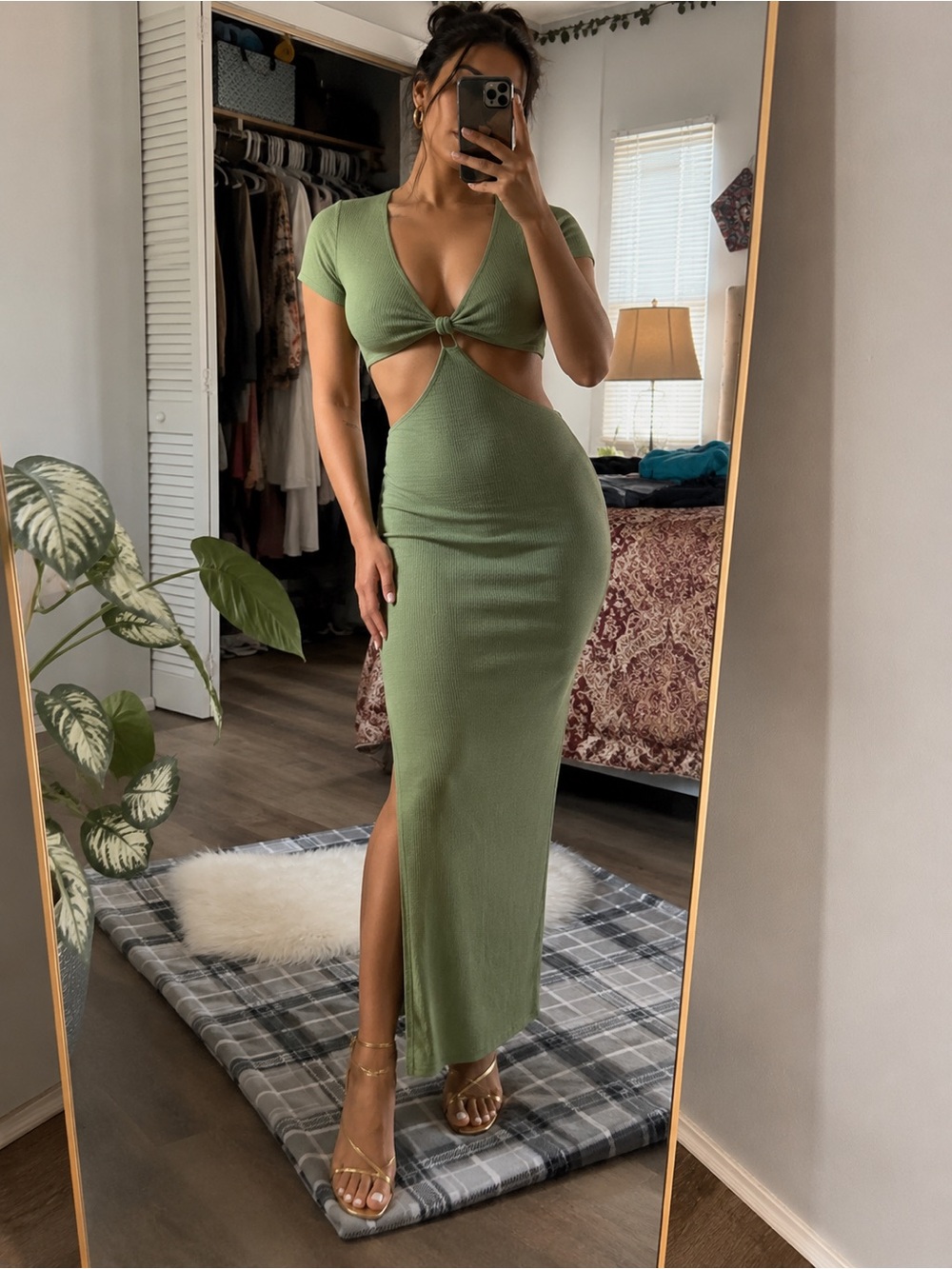SHEIN Olive Green Cutout Maxi Dress with Side Slit